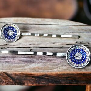 Blue Rhinestone Round Hair Pins - Decorative Bobby Pins for Women - Cobalt Blue